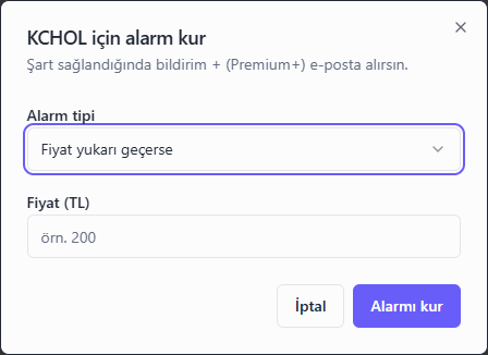 Alarm kurma diyaloğu — fiyat tipi