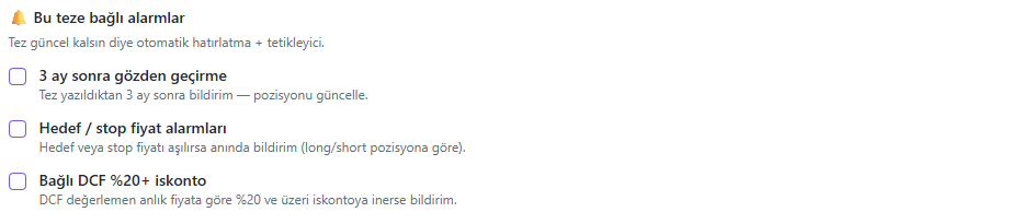 Tez editörü içindeki 3 alarm toggle satırı